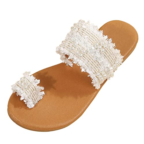 Gsheocm Hausschuhe Damen Faux-Perlen-Dekor-Zehenring-Design-Zehentrenner für Frauen, lässig, böhmische Sandalen, Strandschuhe, Flip-Flops Canvas Schuhe Damen Keilabsatz von Gsheocm