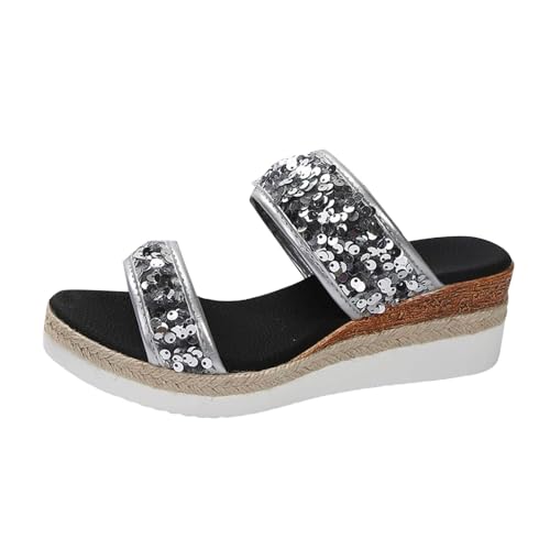 Sandalen Damen Sommer Bequem, Espadrilles FüR Damen Schwarz, Übergröße Sandale Keilabsatz Schuhe Dicke Sohlen Sandaletten Glitzer-Optik Plateauschuhe Fashion Strandsandaletten von Gsheocm