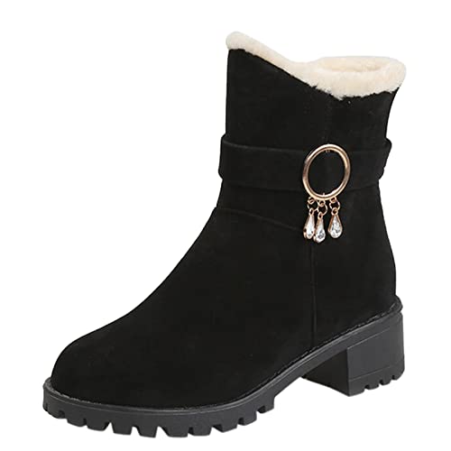 Winterstiefel Damen GefüTtert Wasserdicht Mode Winter Frauen Schnee Stiefel Dicke Ferse Mittlerer Absatz rutschfeste Sohle Einfarbig Bequemes Seitlicher Reißverschluss Strass Paare Slippers von Gsheocm