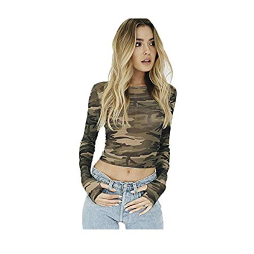 Gshy Sexy Camouflage Damen Slim Langarm T-Shirt Top Crop Mode Rund Tops Elegant Hemd Top Armee Grün Gr. Large, camouflage von Gshy