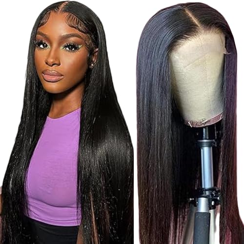 Gsoroel 4x1 Lace Front Human Hair Wig Straight Glueless Wig Swiss Lace 1B Natural Black Color 150% Density Brazilian Virgin Menschliches Haar Pre Plucked With Baby Hair For Women 34 Inch von Gsoroel