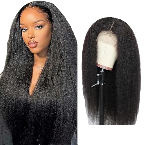 Gsoroel 4x1 Lace Front Human Hair Wig Yaki Straight Glueless Wig Swiss Lace 1B Natural Black Color 150% Density Brazilian Virgin Menschliches Haar Pre Plucked With Baby Hair For Women 26 Inch von Gsoroel