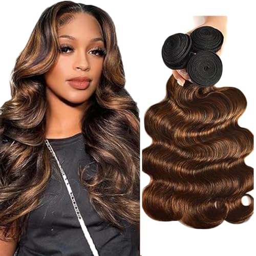 Gsoroel Body Wave Bundles Human Hair Extension 100% Unprocessed Menschliches Haar p4/30 Highlight Brown Echthaar Perücke Brazilian Virgin Hair No Tangle For Women 3 Bundles Total 300g 16 18 20 Zoll von Gsoroel
