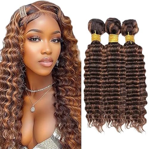 Gsoroel Deep Wave Bundles Human Hair Extension 100% Unprocessed Menschliches Haar p4/30 Highlight Brown Echthaar Perücke Brazilian Virgin Hair No Tangle For Women 3 Bundles Total 300g 30 32 34 Inch von Gsoroel