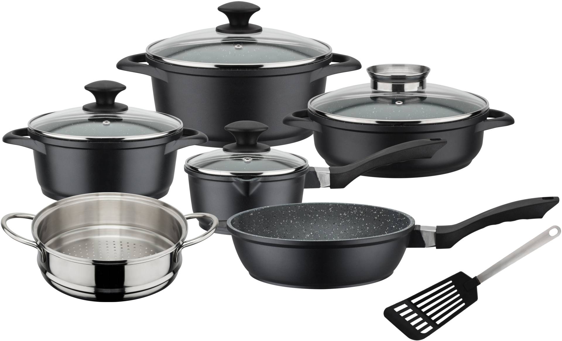 GSW Topf-Set "Gourmet Granit", Aluminiumguss, (Set, 11 tlg., Kochtopf 20/24, Stieltopf 16, 2 Pfannen 24cm, 1 Dämpfer, Pfannenwender) von GSW