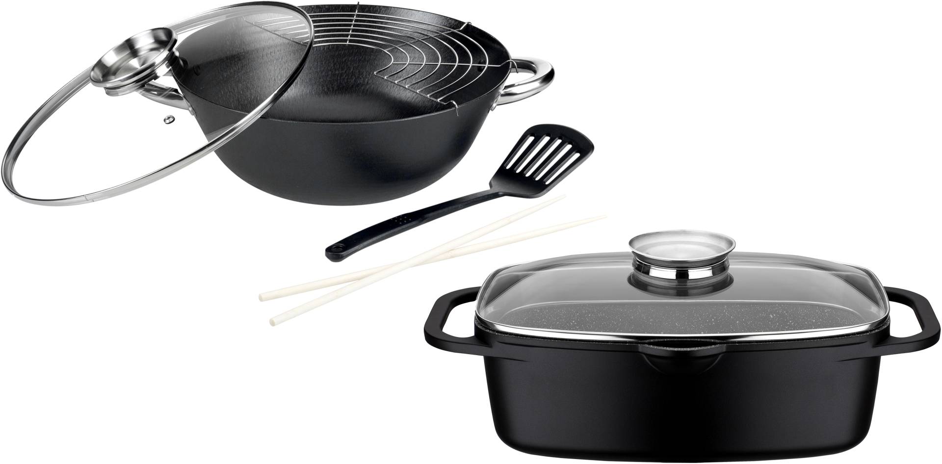 GSW Topf-Set "Gourmet Granit", Gusseisen, (Set, 4 tlg., 1 Bräter 32cm, 1 Wok Ø32cm, mit Deckel, Gittereinsatz, Pfannenwender) von GSW