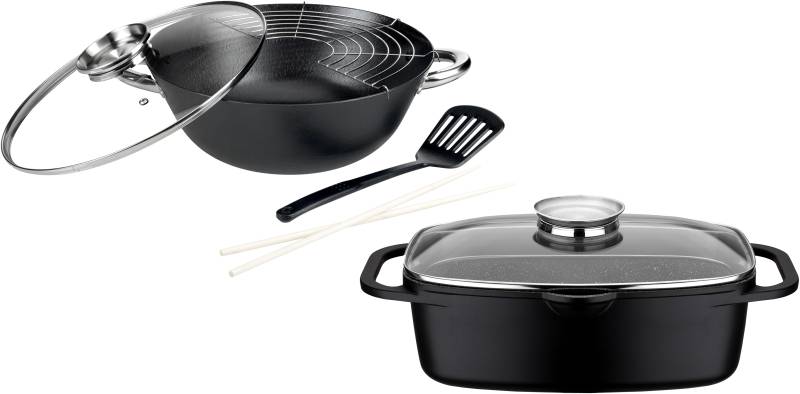 GSW Topf-Set "Gourmet Granit" Set, 1 Bräter 32cm, 1 Wok Ø32cm, mit Deckel, Gittereinsatz, Pfannenwender, 4 Stk. tlg. Gusseisen von GSW