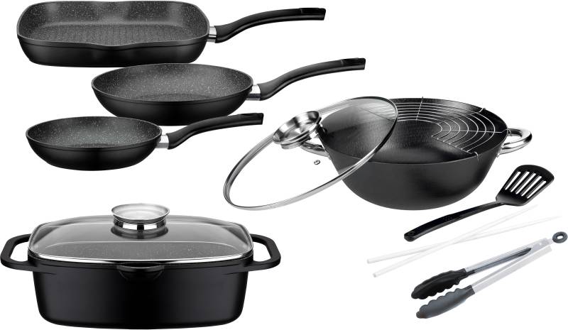 GSW Topf-Set "Gourmet Granit" Aluminiumguss Set, 3 Pfannen, 1 Bräter, 1 Multi-Wok, 1 Kochzange, 1 Pfannenwender, 7 Stk. tlg. Induktion von GSW