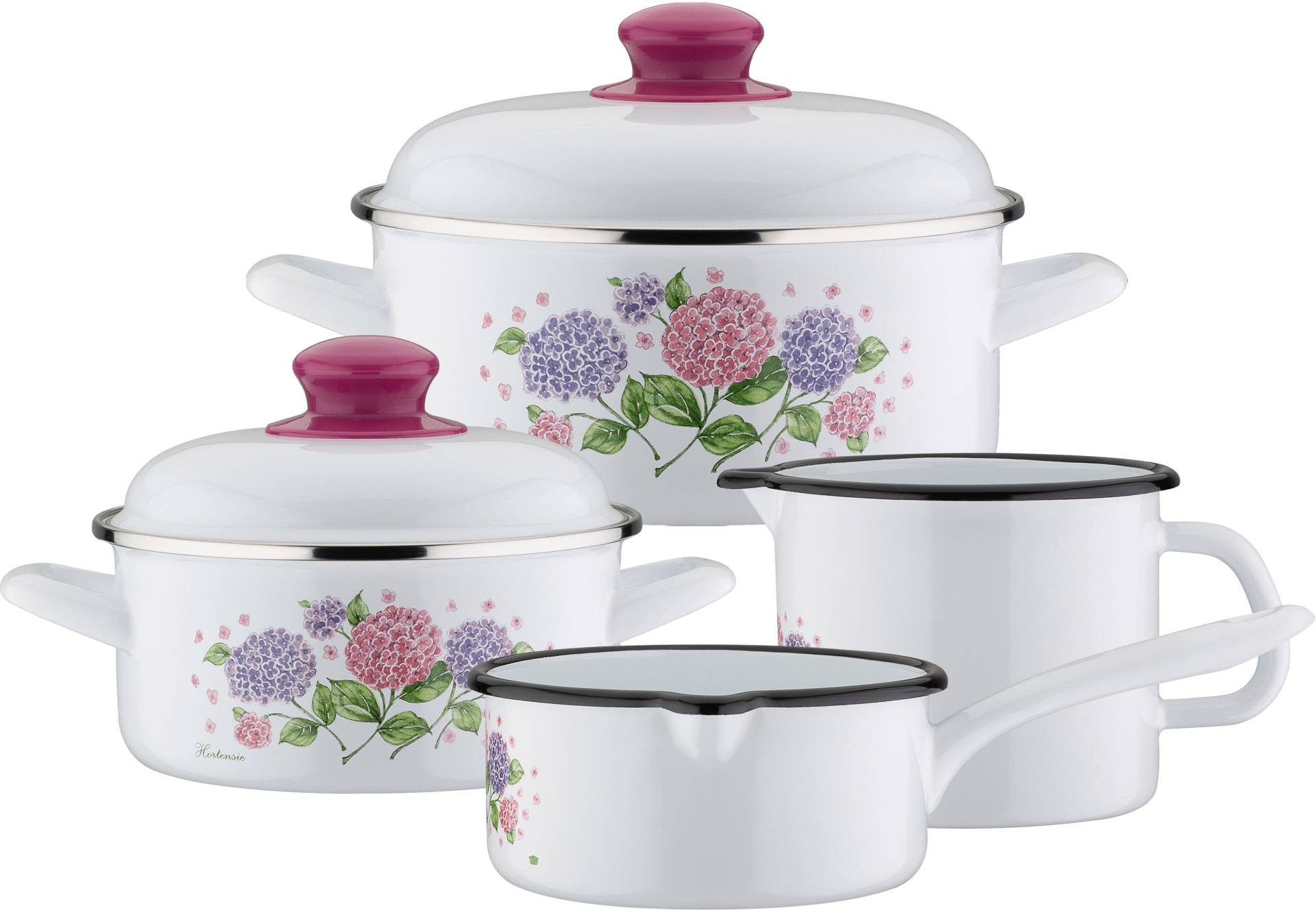 GSW Topf-Set "Hortensie", Stahl-Emaille, (Set, 6 tlg., je 1x Kochtopf Ø 16/20 cm, Stielkasserolle Ø 16 cm, Milchtopf Ø 12 cm) von GSW