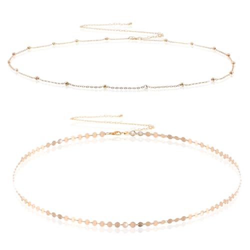 2 Stück Bauchkette Gold, Verstellbar Taillenkette Metallglieder Wasserdichte Bikini Körperkette Zierliche Satellitenperlen-Münzkette Kettengürtel für Damen Schmuckgeschenke von Gtziqa