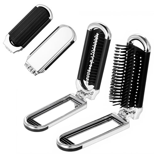 2 Stück Faltbare Reise Haarbürste mit Spiegel, Kompakter Klappkamm Reisebürste für Damen Herren, Tragbare Mini Haarbürste für Handtasche, Reise, Fitnessstudio (Abnehmbarer Spiegel) von Gtziqa
