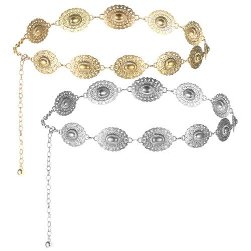 2 Stück Kettengürtel Damen, Taillengürtel Gold Silber Concho Gliederkette Einstellbare Metall Western Cowgirl Ketten Gürtel für Kleid Jeans von Gtziqa