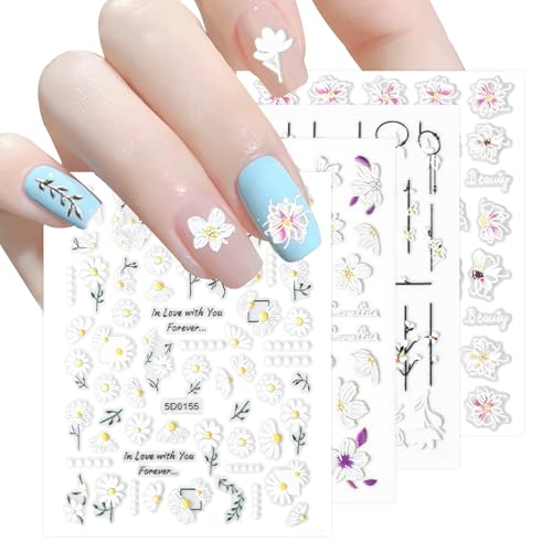 4 Blatt Nagelsticker Blumen, 3D-Prägung Nagelaufkleber Frühling Sommer Blumen Nagelsticker Selbstklebend Nail Art Zubehör für Damen Mädchen Home Salon DIY Maniküre Design Dekoration von Gtziqa