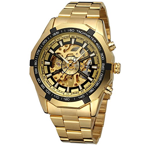 Gute Herren Armbanduhr Mechanik Automatik Gold Schwarz Skelett Armhanduhr Sport Business Geschenk von Gute