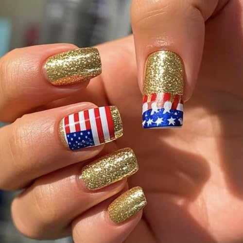 24 PCs French Press Auf Nägeln Kurzer Vollständiger Abdeckungen Falsch 4. Juli Stick Auf Manicures Supplies For Woman von Guaber