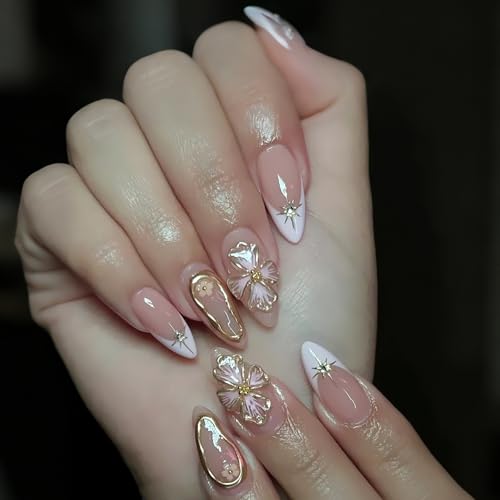 24 Pcs Mandelförmige Presse Auf Nägeln Französische Spitze Mit Blumen Und Goldstreifen Design Acrylkünstiger Nägel Für Frauen Eleganter Acrylnagel von Guaber