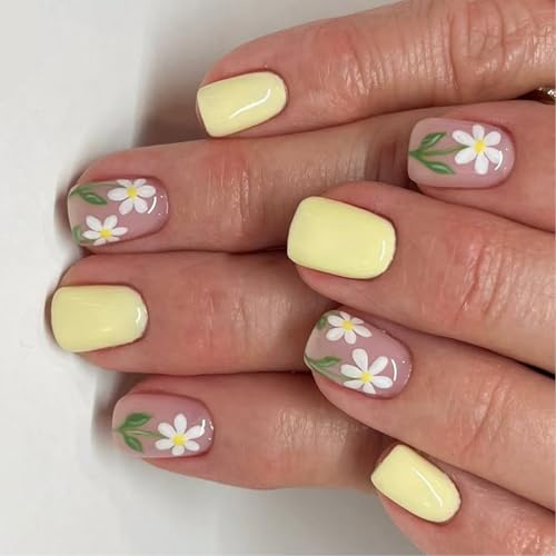 24 Stcs Süße Blumen Kleben Auf Nägeln Gelber Künstliches Kurzquadrat Falscher Glänzender Presse Auf Mädchen von Guaber