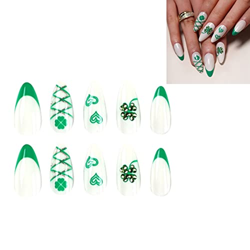 24pcs St. Patrick's Day Clovers Fake Nail Heart Artifical Full Cover Falsch Gefälschte Presse Für Mädchen Mandel Französische Mit Designs Für Mädchen Französische Auf Mandel Länge von Guaber