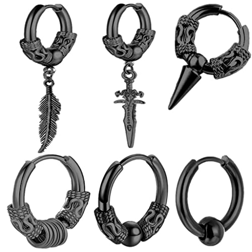 6pcs/Set Mode Schmuck Piercing Ohrringe Edelstahl Dangle Hoop Mit Charme Für Männer Frauen Silber Schwarz Huggie Hoop Silber Edelstahl Mit Charm Schwarz von Guaber