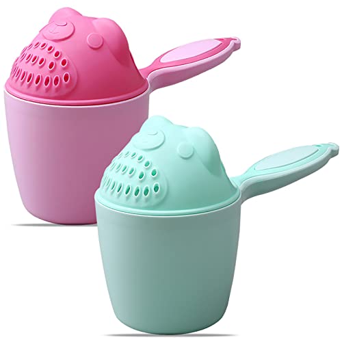 Guador 2PCS Bär Shampoo Tasse, Haarwaschbecher, Duschshampoo Tasse, Cartoon Baby Duschhaube Löffel Badespielzeug Shampoo Shampoo süße Baby Haarwaschbecher Badebecher Mundwasser Tasse (Rosa + Grün) von Guador