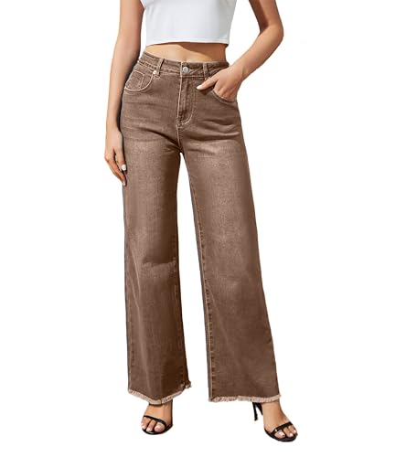 Guaile Damen-Jeans mit weitem Bein, hohe Taille, dehnbar, gerader Saum, lockerer lässiger Denim, Braun, 34 von Guaile