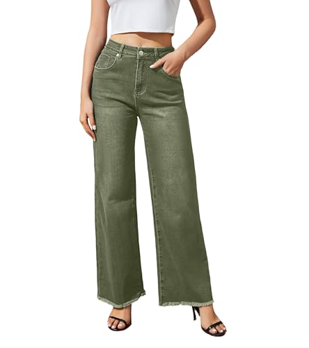 Guaile Damen-Jeans mit weitem Bein, hohe Taille, dehnbar, gerader Saum, lockerer lässiger Denim, Grün , 42 Guaile Damen-Jeans mit weitem Bein, hohe Taille, dehnbar, gerader Saum, lockerer lässiger Denim, Grün , 42 von Guaile