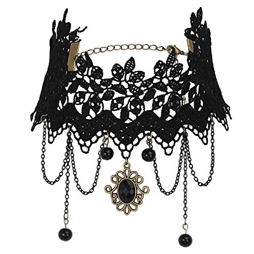 Choker Gothic Halsband Damen Einstellbar Spitze Halsband Blumen Baltt Muster Quaste Groß Oval Form Tattoo Halskette Retro Hoker Schwarz Gold mit Zirkonia, 28.8CM von Gualiy