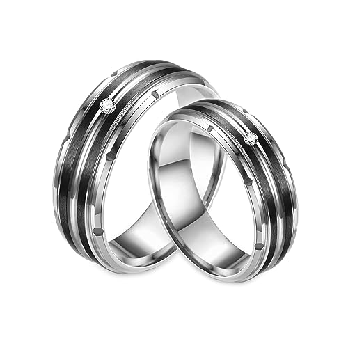 Gualiy 1 Paar Verlobungsringe Edelstahl, Eheringe Freundschaftsringe 8mm Silber und Schwarz Ring mit Zirkonia Ringe Damen 52 (16.6)+ Herren 62 (19.7) von Gualiy