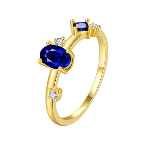Gualiy 14 Karat Gold Ring, Gelbgold Partnerringe Verlobungsringe mit Oval Form Labor Erstellter Saphir 4x6mm Damenring Größe 60 von Gualiy