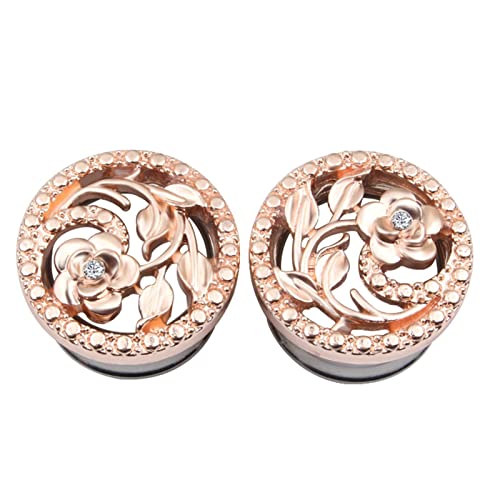 Gualiy 2 Stk Flesh Tunnel Edelstahl, Ear Plugs Tunnel 14mm Hohl Blume mit Zirkonia Roségold Damen Ohrringe Tunnel von Gualiy