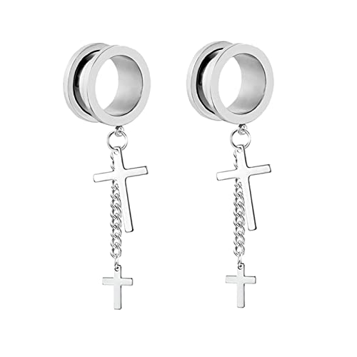 Gualiy 2 STK Ohr Plug Stahl, Ear Plugs Tunnel 16mm mit Kette und Kreuz Anhänger Silber Tunnel Ohrringe Herren von Gualiy