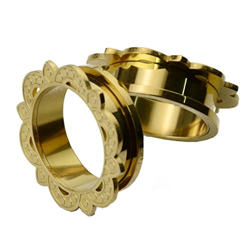 Gualiy 2 STK Tunnel Plug Edelstahl, Tunnel Herren 24mm Hohl Blume Muster Gold Flesh Tunnel Set von Gualiy