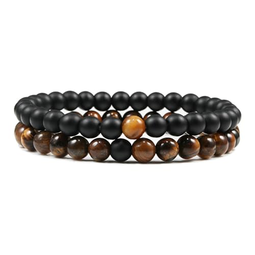 Gualiy 2 Stück Armband Damen Elastisch Perlen, 6MM Tigerauge Matt Stein Armband für Herren von Gualiy
