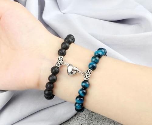 Gualiy 2 Stück Armband Damen Elastisch Perlen, 8MM Lavastein Tigerauge Armband mit Herz für Herren 18CM von Gualiy