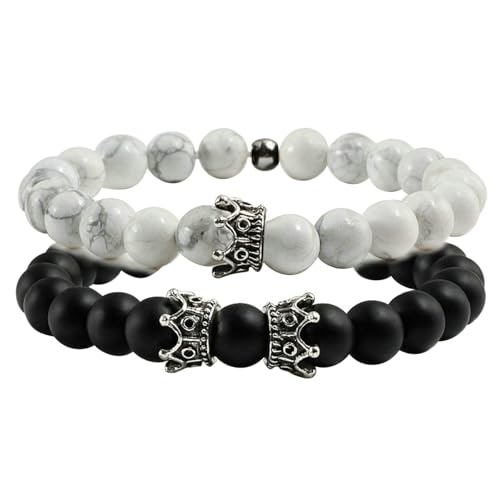 Gualiy 2 Stück Armband Elastisch Damen, 8MM Türkis Matt Stein Armband mit Krone für Herren von Gualiy