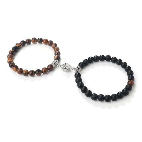 Gualiy 2 Stück Armband Naturstein Herren, 8MM Matt Stein Tigerauge Armband mit Blume für Damen 18CM von Gualiy