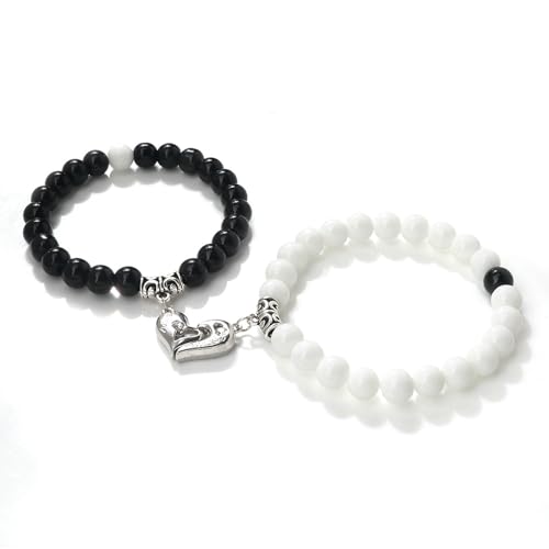 Gualiy 2 Stück Armband Perlen Edelstein, 8MM Weiß Porzellan Poliert Stein Armband mit Herz für Damen Herren 18-19CM von Gualiy