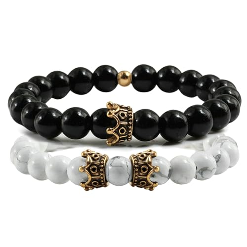 Gualiy 2 Stück Armband Stein Damen, 8MM Weiß Türkis Poliert Stein Armband mit Krone für Herren von Gualiy
