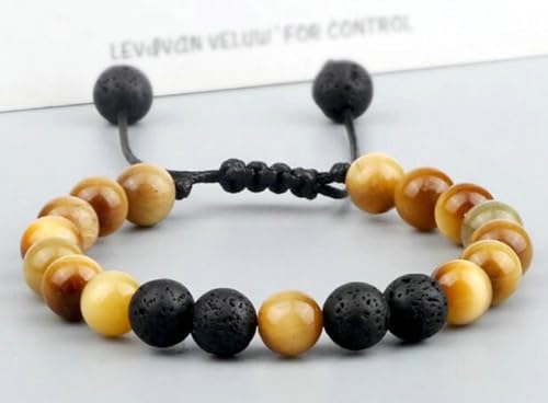 Gualiy 2 Stück Armband Verstellbar Damen, 8MM Gelb Stein Lavastein Armband für Herren 17-30CM von Gualiy