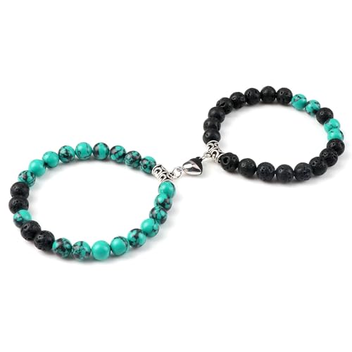 Gualiy 2 Stück Chakra Armband Damen, 8MM Lavastein Türkis Armband mit Herz für Herren 18-19CM von Gualiy