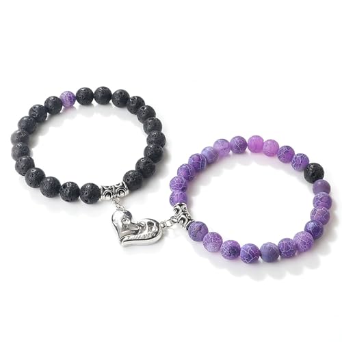 Gualiy 2 Stück Chakra Edelstein Armband, 8MM Lavastein Armband mit Herz für Damen Herren 18-19CM von Gualiy