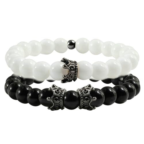 Gualiy 2 Stück Edelstein Armband, 8MM Schwarz und Weiß Stein Armband mit Krone für Herren Damen von Gualiy