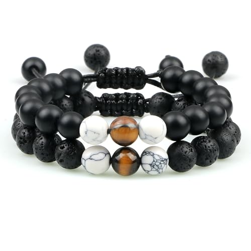 Gualiy 2 Stück Edelstein Armband Herren, 8MM Lava Matt Stein Armband für Damen 17-30CM von Gualiy