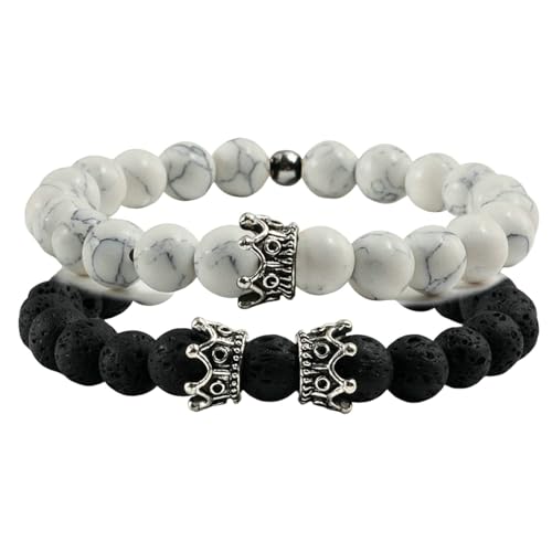 Gualiy 2 Stück Edelstein Armband Herren, 8MM Lavastein Weiß Türkis Armband mit Krone für Damen von Gualiy