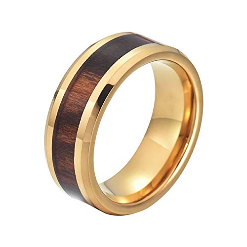 Gualiy 8MM Wolframring für Herren Abgeschrägte Kante Holz eingelegt Trauringe Design für Herren Gold Bandring Fingerring für Valentinstag Weihnachten Geburtstag Größe 62 (19.7) von Gualiy
