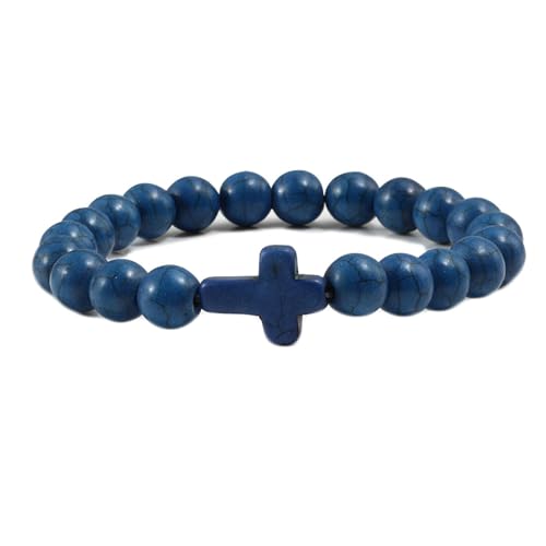 Gualiy Armband Damen Edelstein, 8MM Blau Türkis Armband mit Kreuz für Herren 17CM von Gualiy