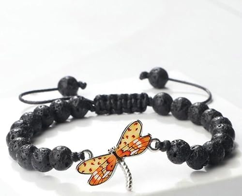 Gualiy Armband Damen Edelstein, 8MM Lavastein Armband mit Gelb Libelle für Herren 17-28CM von Gualiy