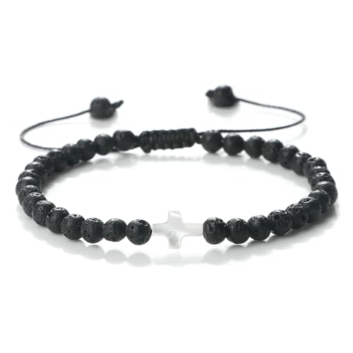 Gualiy Armband Damen Natursteine, 4MM Lavastein Armband mit Kreuz für Herren 17-28CM von Gualiy