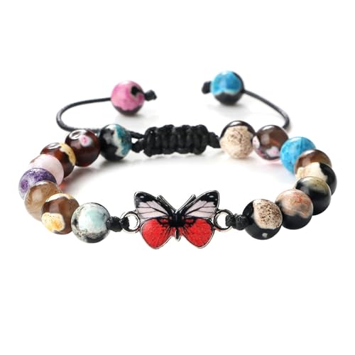 Gualiy Armband Damen Verstellbar, 6MM Bunt Achat Stein Armband mit Schmetterling für Herren 17-28CM von Gualiy