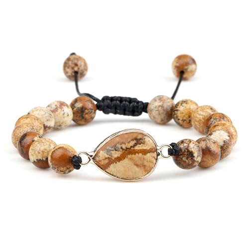 Gualiy Armband Damen Verstellbar, 8MM Braun Stein Armband mit Träne Charme für Herren 17-28CM von Gualiy